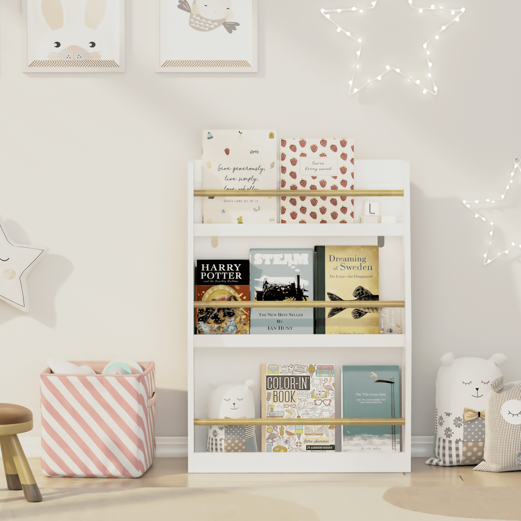 3-Tier Kids Book Shelf - White MDF & Pine Wood Book Rack for Bedroom, Playroom & Classroom, Organizes Books & Toys, 31.5" Tall