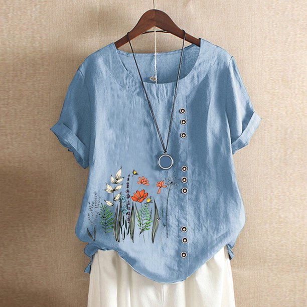 Pntutb Mujeres Vintage Flores Imprimir O-Cuello Camiseta Pullover Casual Botones tops Pntutb Pntutb-6306