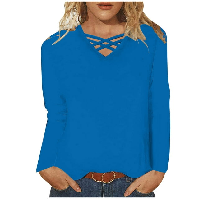 Timegard Hauts Grande Taille pour Femmes Col en V T-Shirts Unis Automne Décontracté Confortable Manches Longues