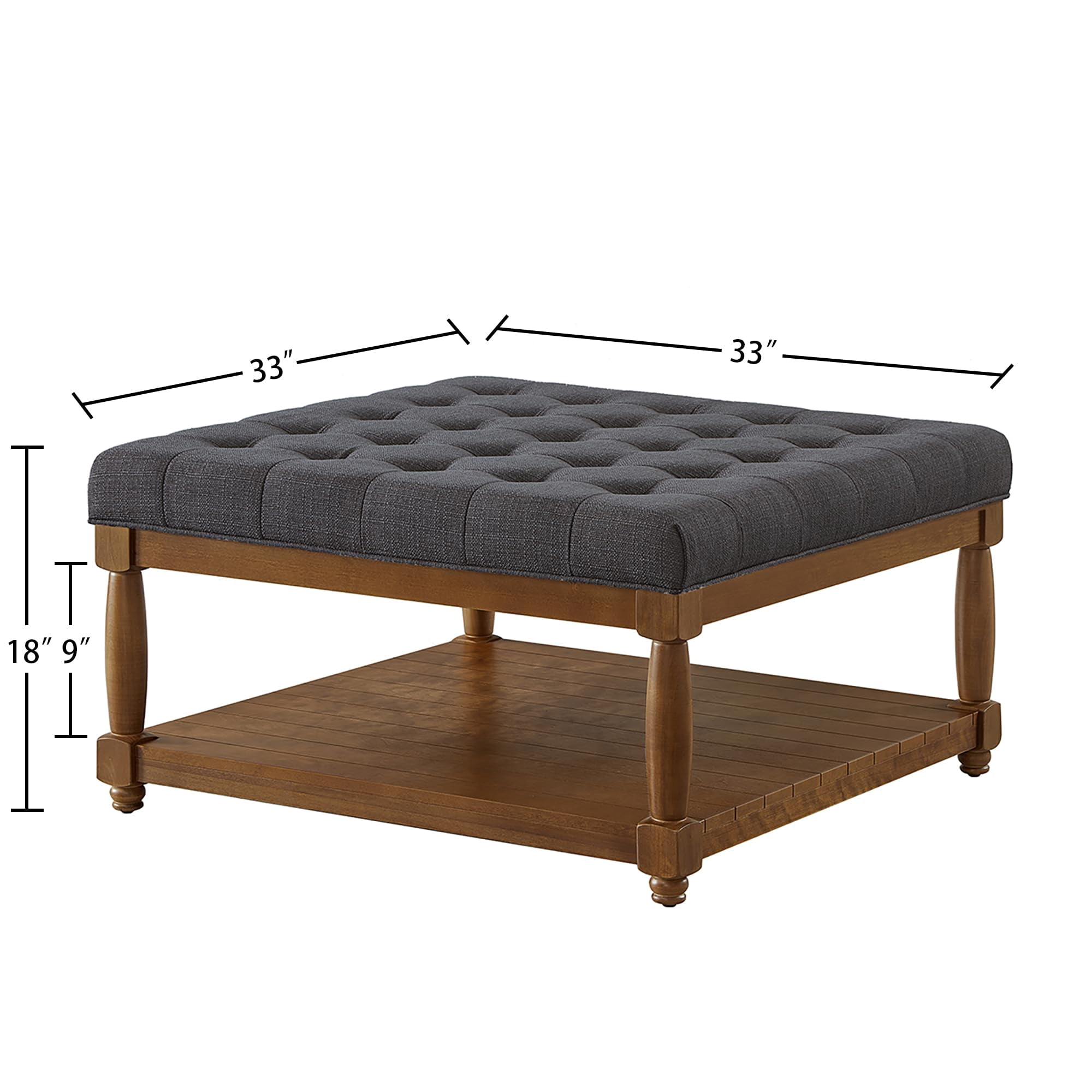 ODUWA Coffee Table Ottoman with Storage Shelf, Tufted Upholstered Footrest Stool, Solid Wood Base Accent Table for Living Room