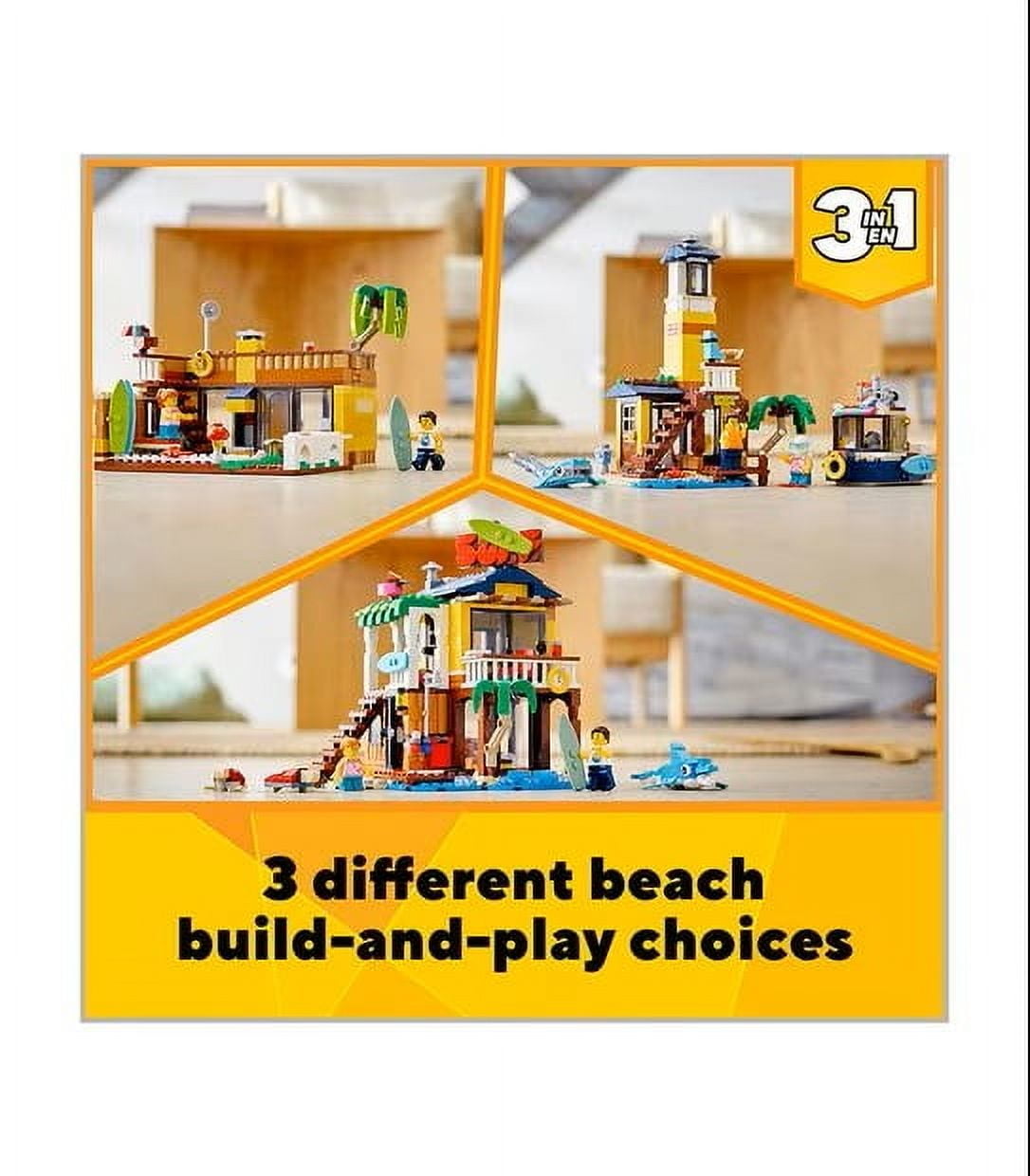 LEGO Creator 3 in 1 Surfer Beach House with 2 Minifigures and Dolphin Figure, Transforms from Surf Shack to Lighthouse to Pool House, Great Building Toy Set for Kids, Girls, and Boys Ages 8+, 31118