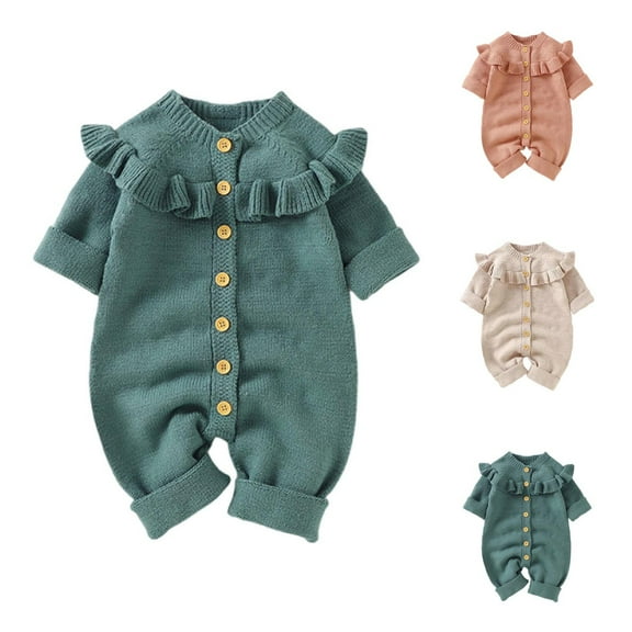 THDHVS Baby Girl Outfits,Newborn Girl Clothes,Girl Boy Solid Knit Sweatshirt Romper Crewneck Long Sleeve Ruffe Bodysuit Fall Winter Outfit Beige 0-3 Months
