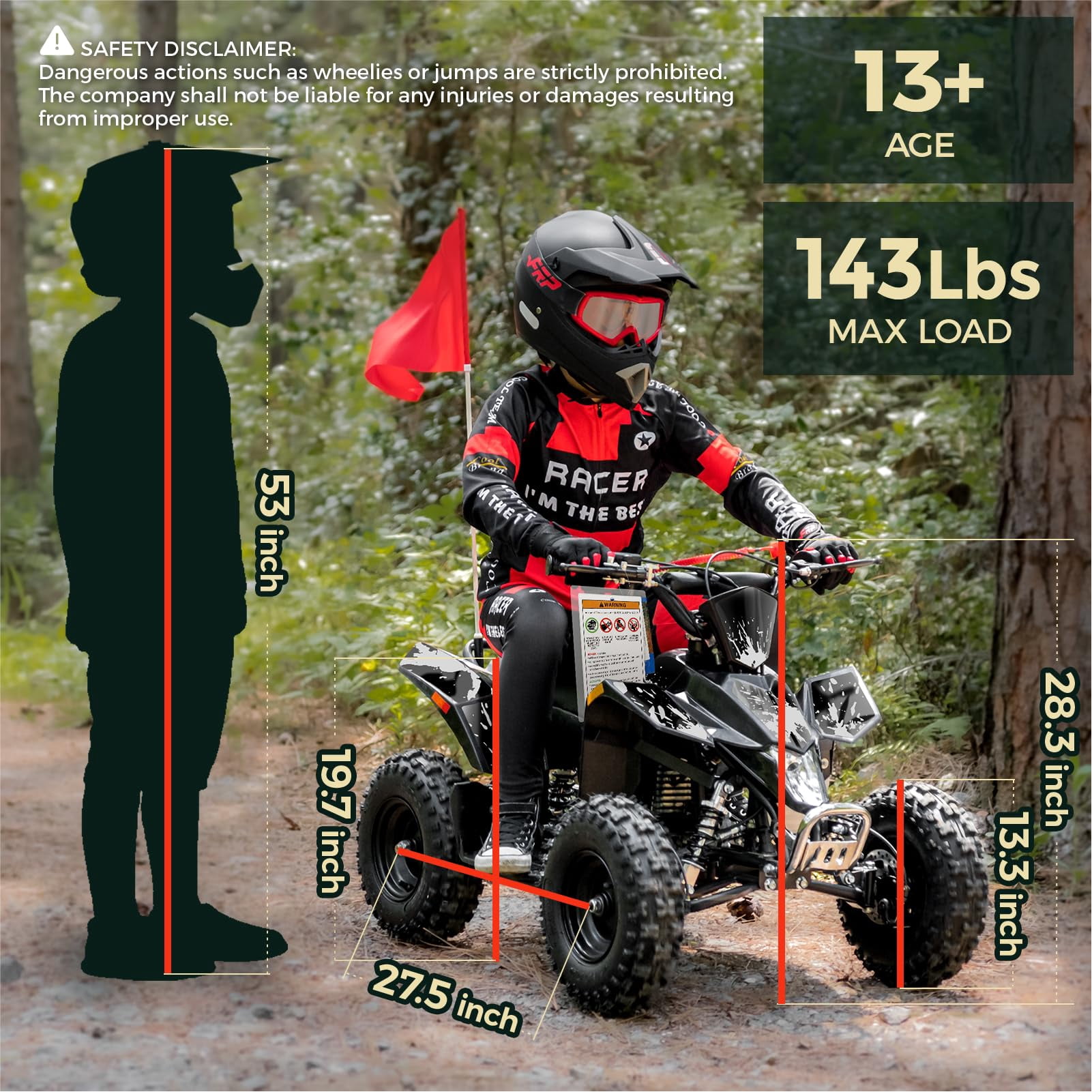 FRP 40cc Gas Powered Off-Road Bike, 4-Stroke Engine, Up to 15 MPH, Ages 13+, Adjustable Speed Control, Front & Rear Disc Brakes, Pull Start