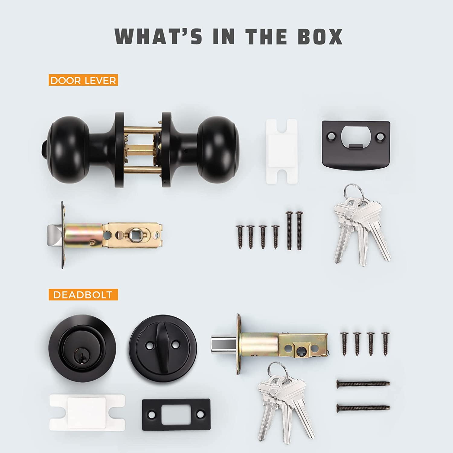 2 Pack All Keyed Same Entry Door Knob and Single Cylinder Deadbolt Combo Set, Black Exterior Door Knobs with Lock and Key for Entrance and Front Door, Keyed Alike Deadbolt and Door Knob Set