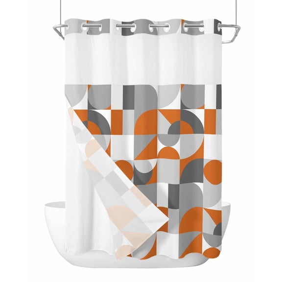 No Hook Modern, Shower Curtain with Snap in Liner Set, Geometric Abstract Orange Grey Colored Waterproof Fabric Bathroom Curtains with See Through Top Window, Hotel Style Stall 48 x 72 Inch