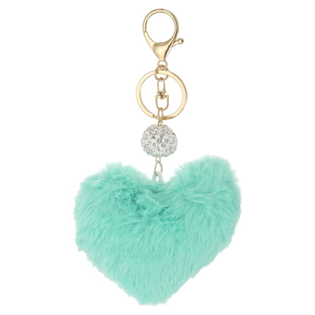 Llavero de pom pom de piel sintética Uxcell, llavero de bola esponjosa artificial, encanto de corazón de peluche verde