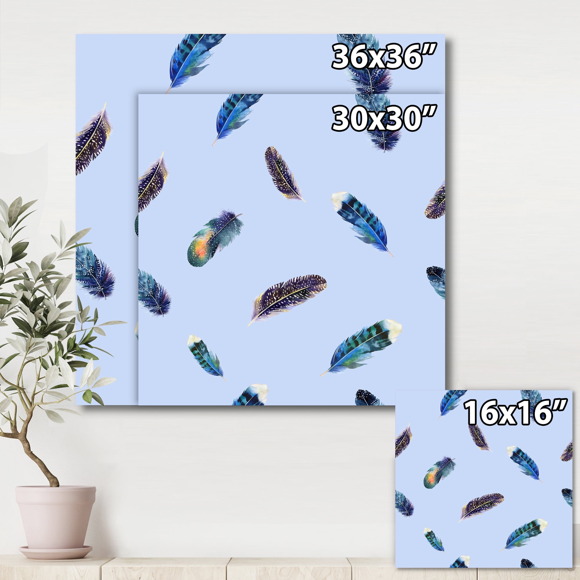 Designart ' Blue Feathers Boho Ethnic ' Bohemian & Eclectic Canvas Wall Art Print