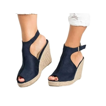 

SIMANLAN Women s Espadrille Wedge Sandals Platform Slingback Womens Fashion Ladies Peep Toe Deep Blue 6