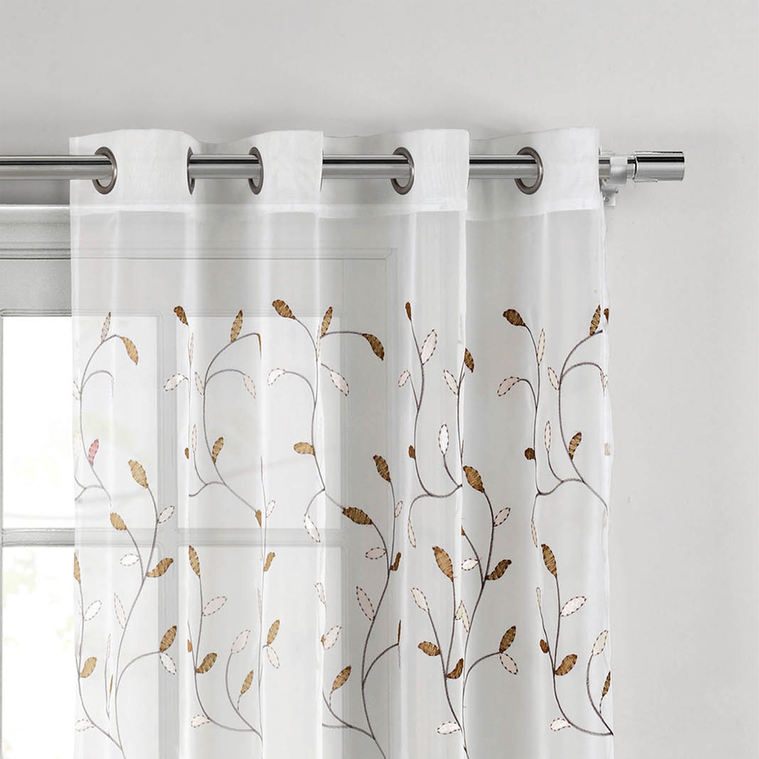 Grommet Curtain Panel, Embroidered Sheer Extra-Wide, Beige 54" x 63"