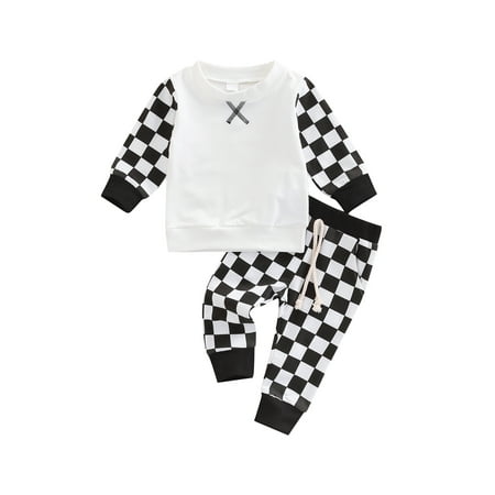 

Toddler s Fashion Checkerboard Printed Long Sleeve Tops and Tie-up Long Pants