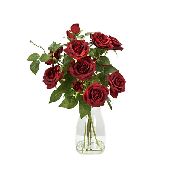 D&W Silks Red Roses in Tall Glass Vase