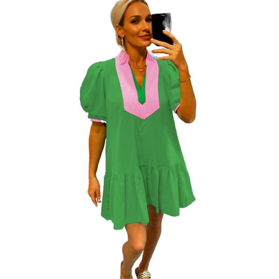 Women's Bright Green Color Block Mini Dress – Casual Summer Style with Ruffle Hem and Puff Sleeves, XL