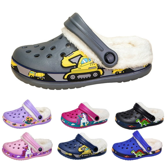 Dakaela Little Kids Lined Clogs Boys Girls Non Slip Plush Garden Shoes Toddler Fleece Fuzzy Indoor Outdoor Winter Slippers Black