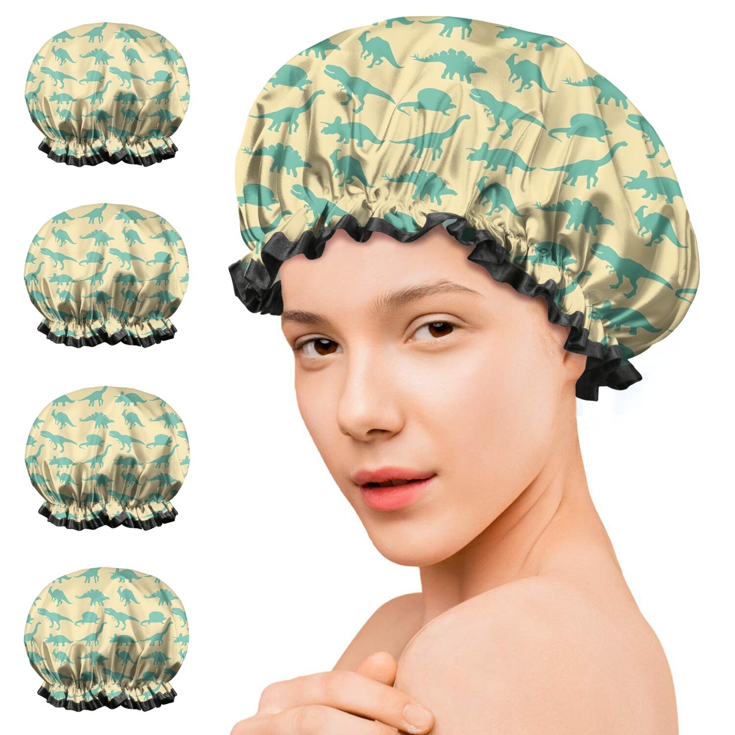 Shower Caps,LightYellow Green Dinosaurs Silhouettes Pattern Waterproof Shower Cap for Women 4 Pieces,Double Reusable Hair Cover for Shower PEVA Elastic Stretch Hem