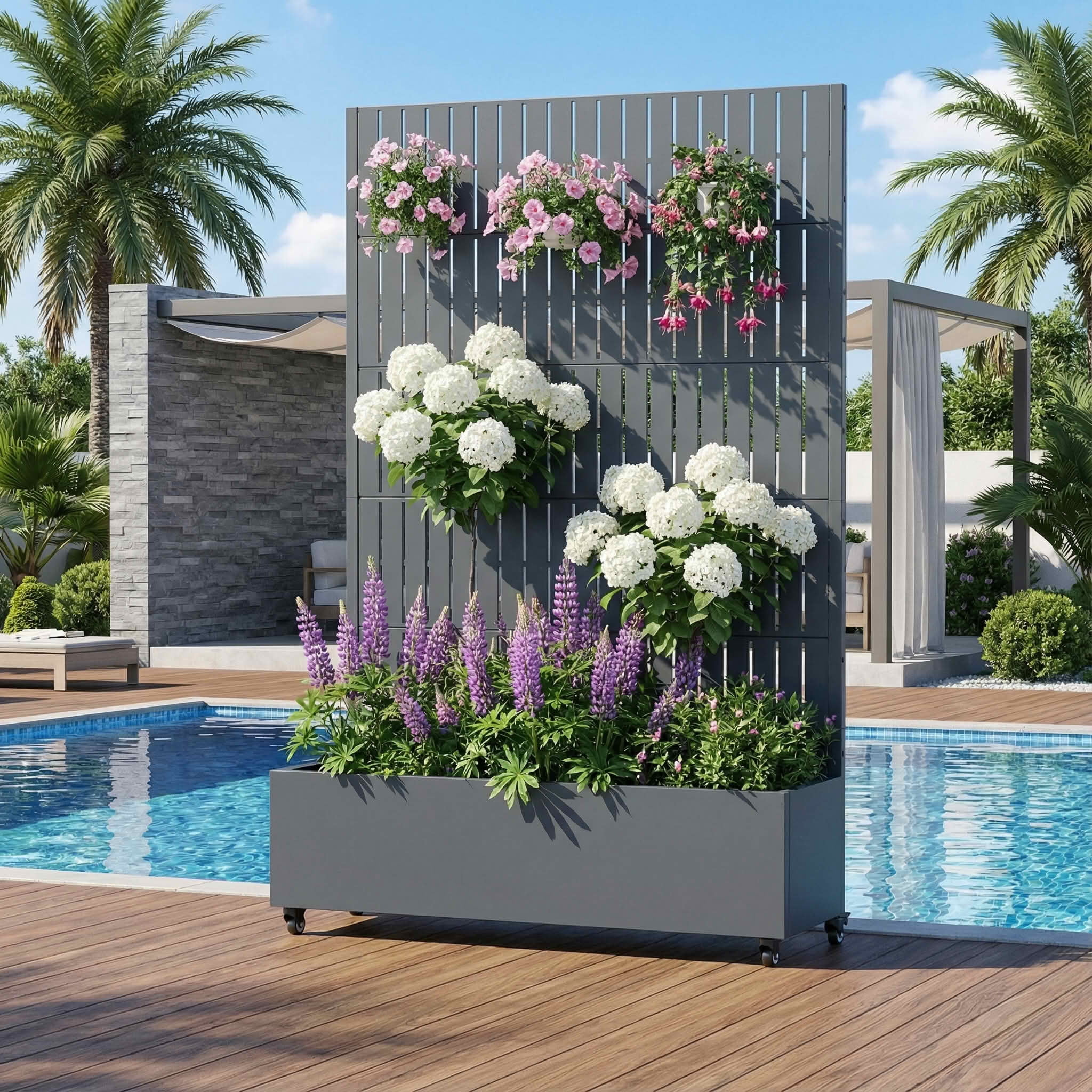 MAYEERTY 72X47" Metal Outdoor Cambrian Gray Privacy Screen with Planter Box for Backyard & Garden, 5 Piece Set