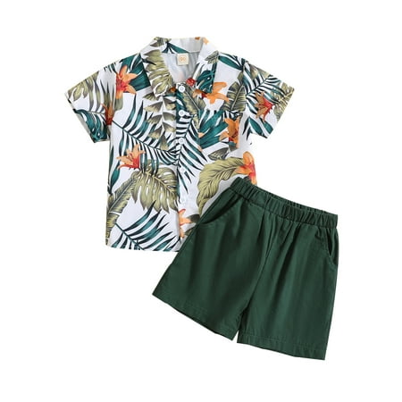 

Kids Boy Summer Shorts Set Toddler Short Sleeve Lapel Button Leaves Print Shirt Shorts 2Pcs Green