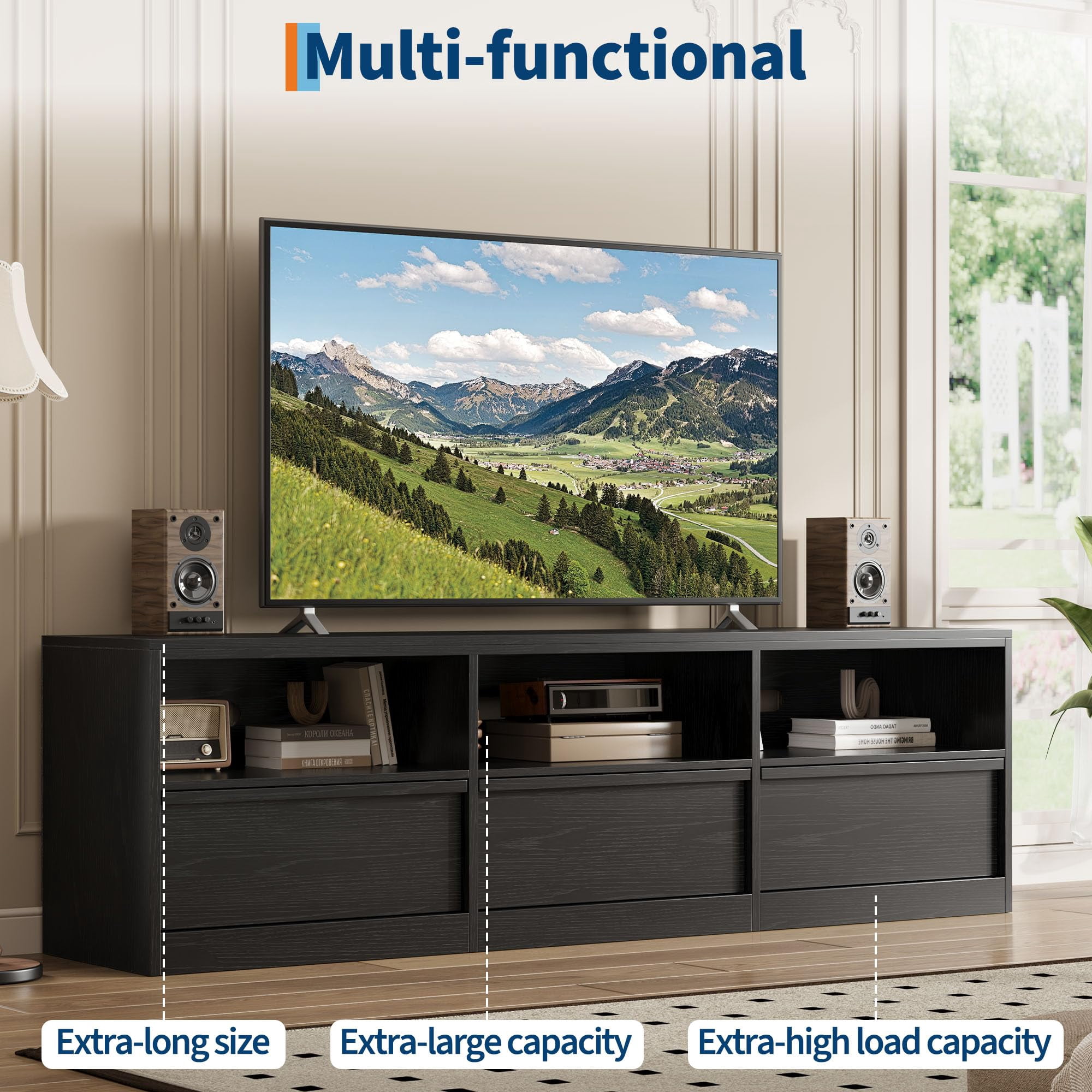 Modern TV Stand with Storage for TVs Up to 85", 70 inch Media Console with Drawer & Open Shelves, Mid Century Entertainment Center for Living Room, Black