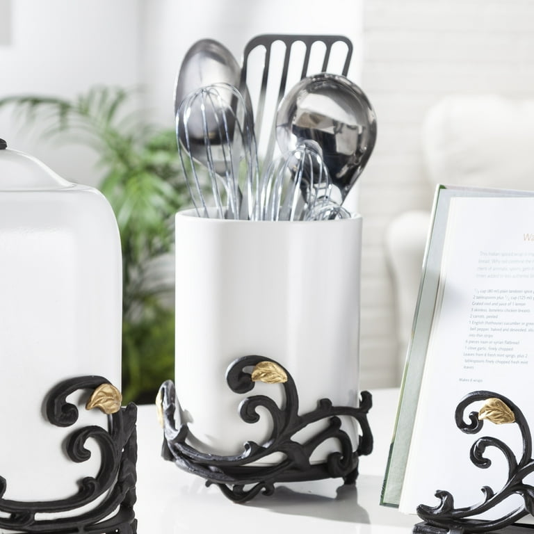 Gold Leaf Ceramic 3-vase Flatware Caddy with Espresso Brown Vines and Gold Leaf Accented Base Gold Leaf Ceramic 3-vase Flatware Caddy with Espresso Brown Vines and Gold Leaf Accented Base