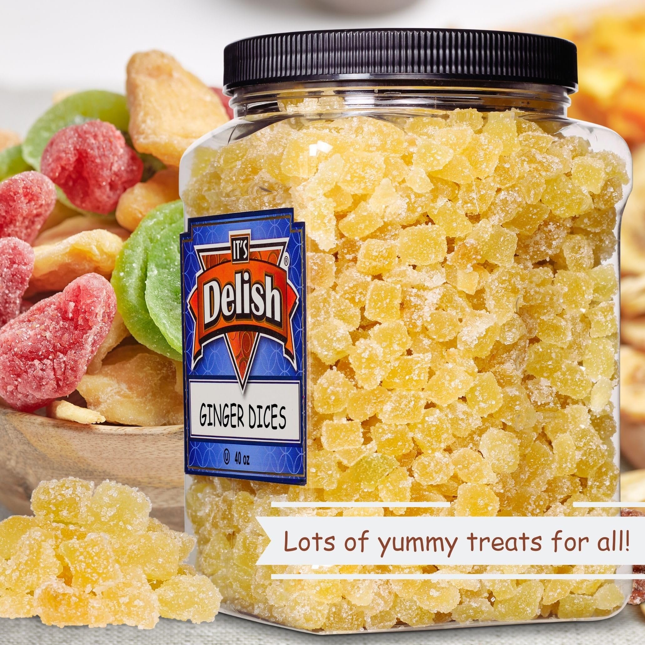 Crystallized Ginger Dices by It's Delish, 2.5 Lbs Jumbo Container  Candied Dried Ginger Fruit Chews Natural Candy, Ginger Root with Sugar Crystals, Unsulphured, No Color Added - Healthy Snack, Vegan