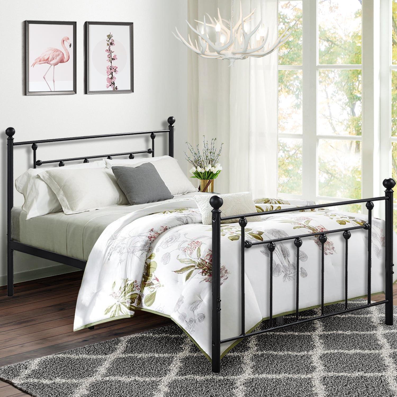 Black No Box Spring Required Under Bed, Queen Bed Frame With Headboard Box Spring Required