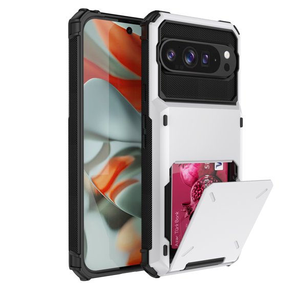 Rugged Case for Google Pixel 9 Pro XL Wallet with Hidden Card Holder Case, Hybrid 2-in-1 Dual Layers Military Grade Protection Shockproof Heavy Duty Phone Cover for Google Pixel 9 Pro XL, White