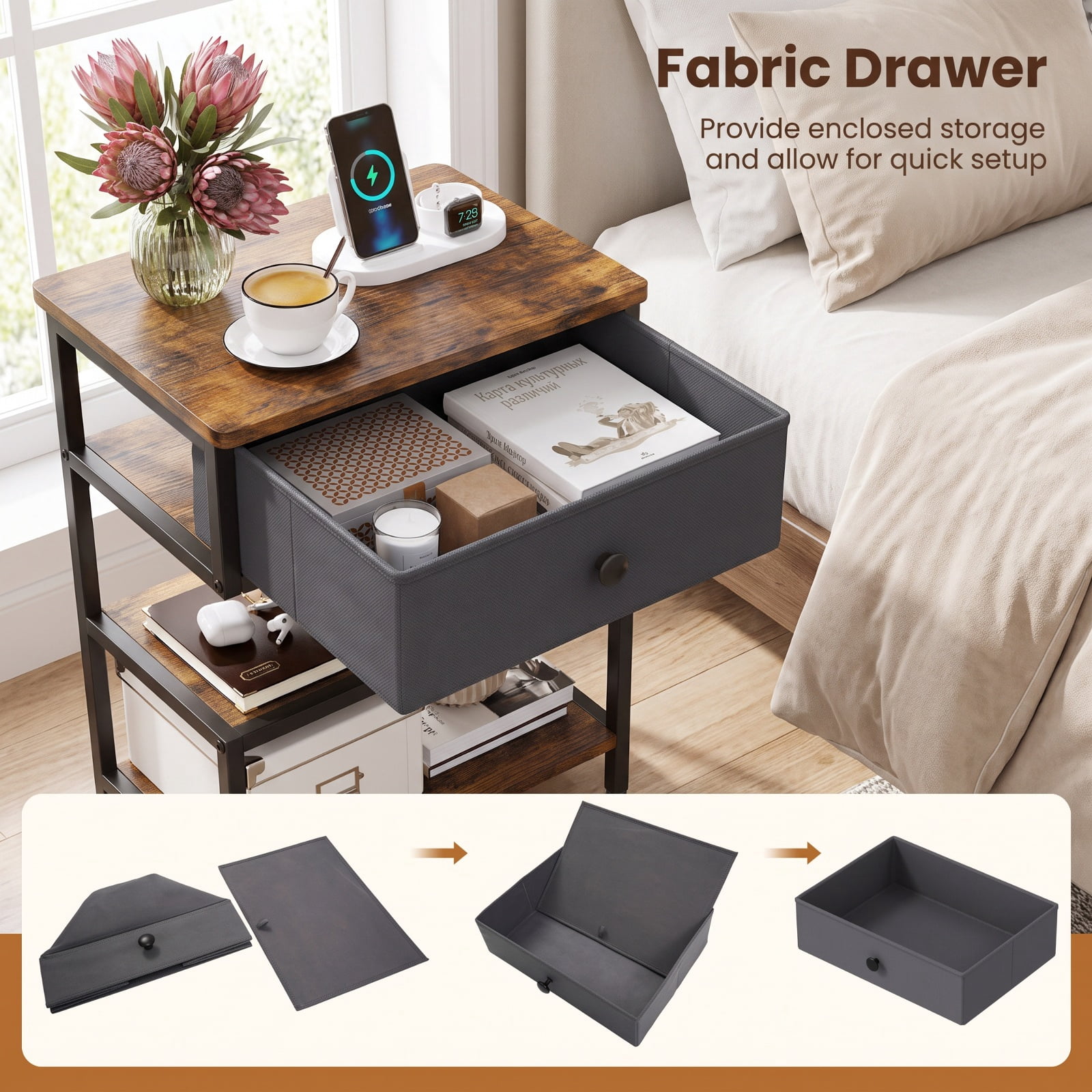 Furnibear Set of 2 Nightstand with Charging Station 28 Inch Tall Bedside Table with Fabric Drawer for Bedroom Living Room Bedside Sofa, Rustic Brown
