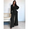 thumbnail image 5 of Women's Casual Lounge Two Piece Outfits Long Sleeve V Neck Wrap Tie Waist Shirt Wide Leg Pants Sets Black L, 5 of 10