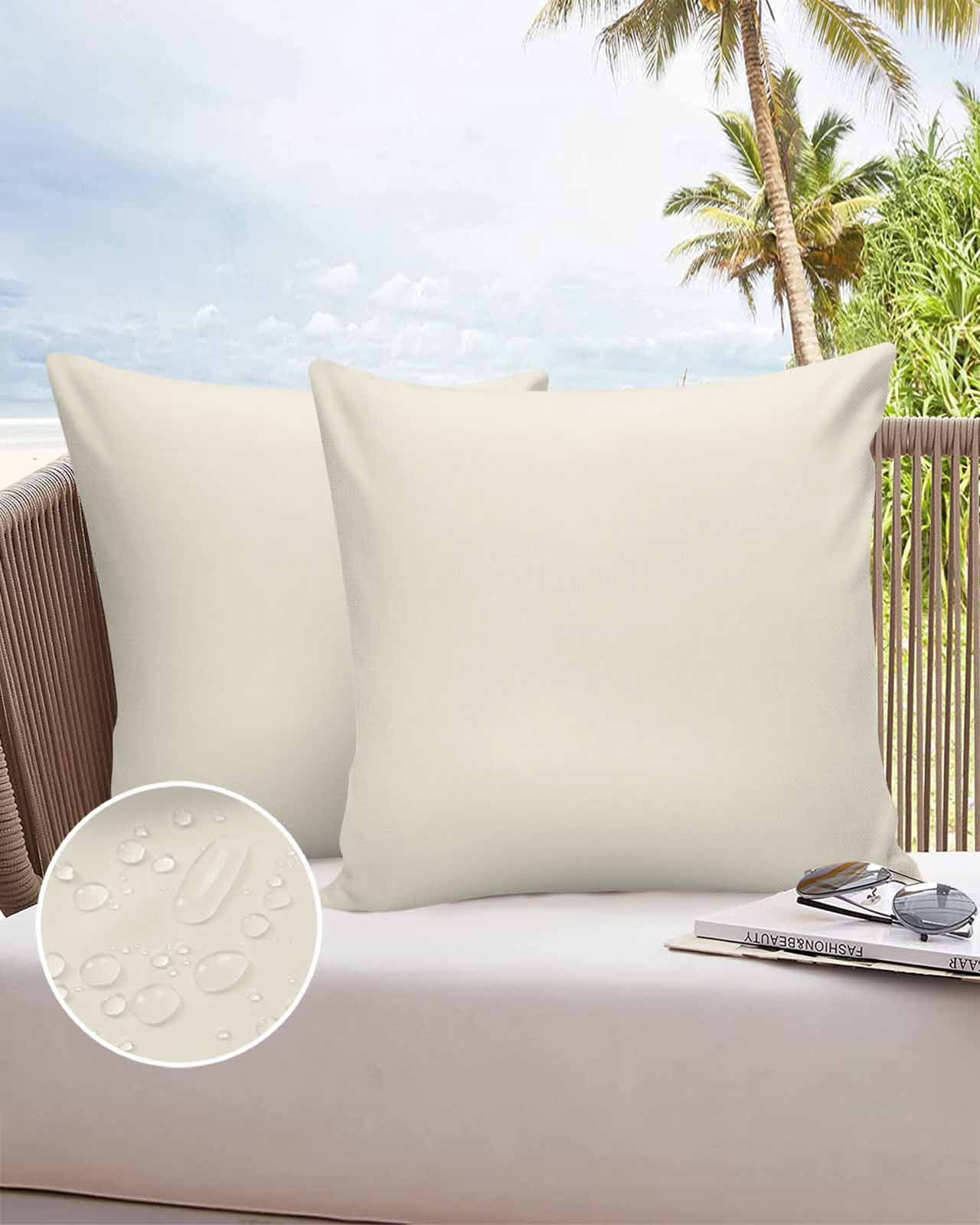Pack of 2 Outdoor Pillow Covers, Cream Solid Color Waterproof Square Throw Pillowcase Cushion Decorative Pillow Covers for Couch Patio Tent, 18x18 in