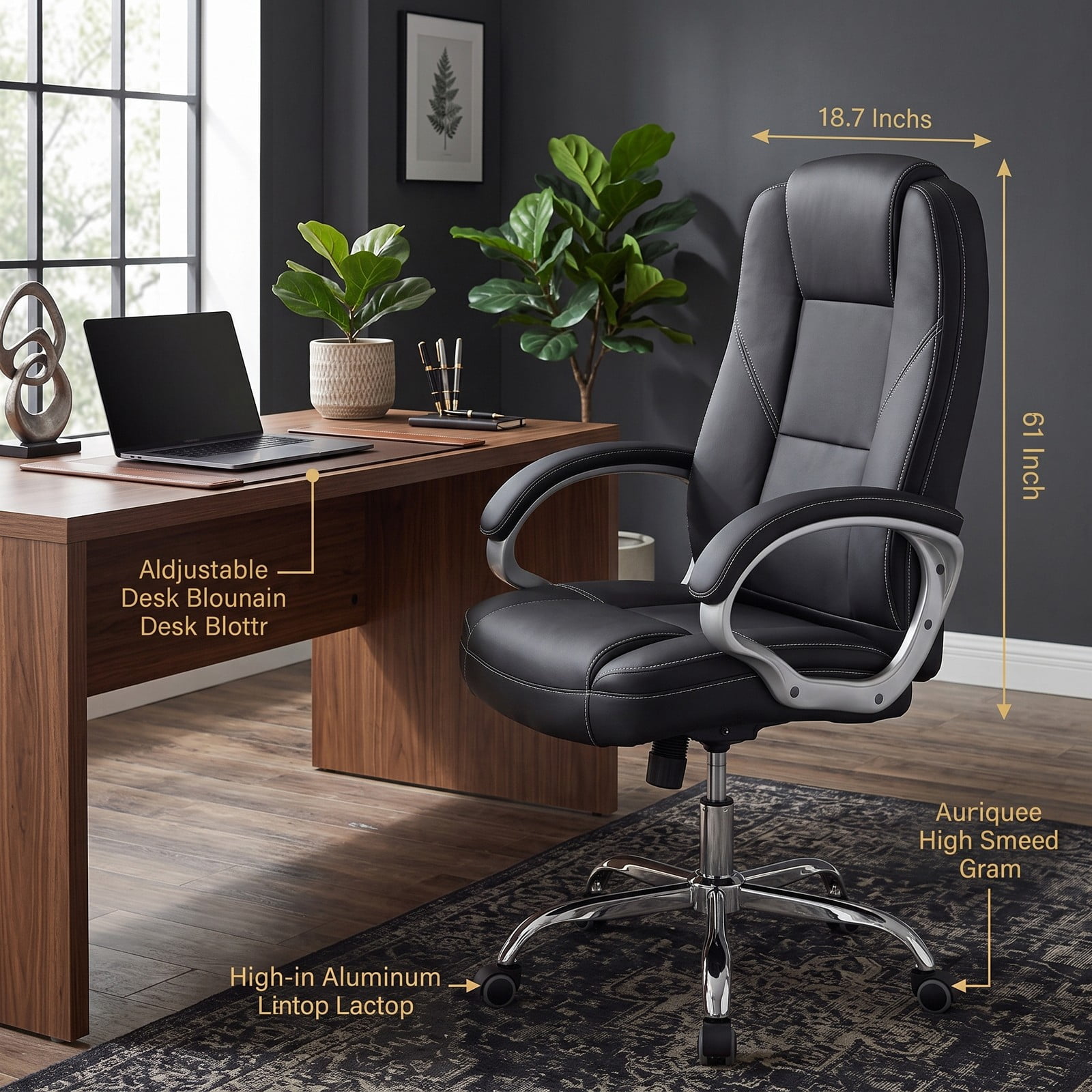 Furnibear Ergonomic Leather Office Chair, High Back PU Leather Executive Desk Chair with Padded Armrests, Adjustable Height, 360-Degree Swivel and Rocking, Black