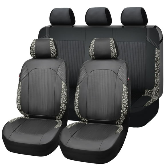 Stylish and Convenient Full Set of Synthetic Leather Car Seat Covers with Easy Installation, Cup Holder, and Free Black Leopard Gray Print - Ideal for Low Bucket Seats