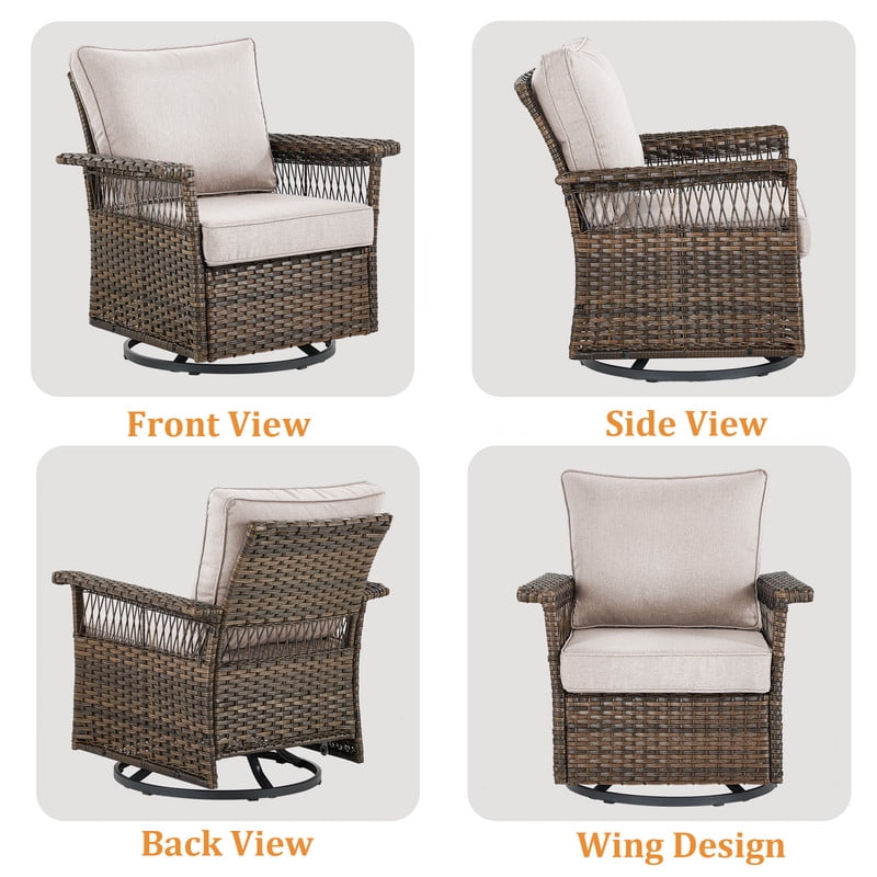 PARKWELL 5 Pieces Patio Furniture Set with Fire Pit Table, Outdoor All-Weather Wicker Conversation 360 Degree Swivel Gliders Chairs Set, Modern Seating Furniture for Porch Deck, Brown/Beige