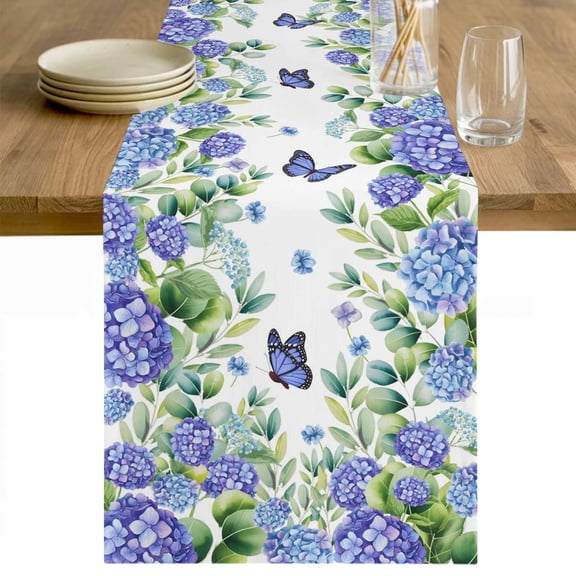 Purple Hydrangea Table Runner 70 Inches Long Farmhouse Dress Scarves, Spring Eucalyptus Butterfly Pastoral Dining Tablerunner for Coffee Table/Kitchen Island/Party Décor, 13" x 70"