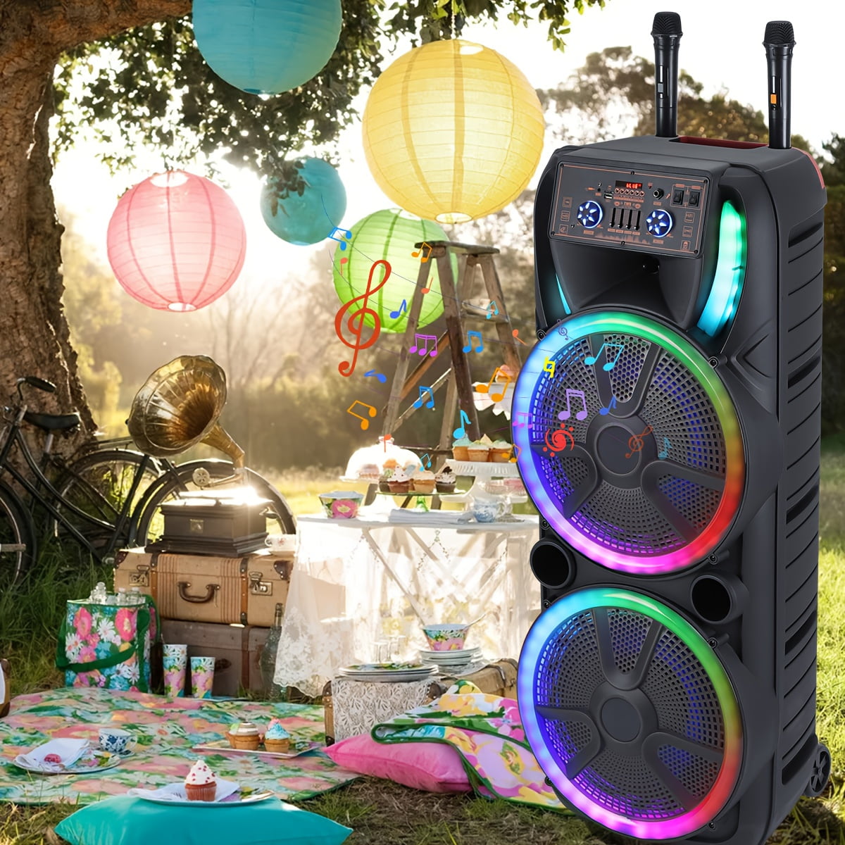 RIDWIND Dual 15-Inch Karaoke Party Speaker System with Wireless Bluetooth, 2 Microphones, LED Light Show, Portable Loud Speaker with Remote & Rechargeable Battery