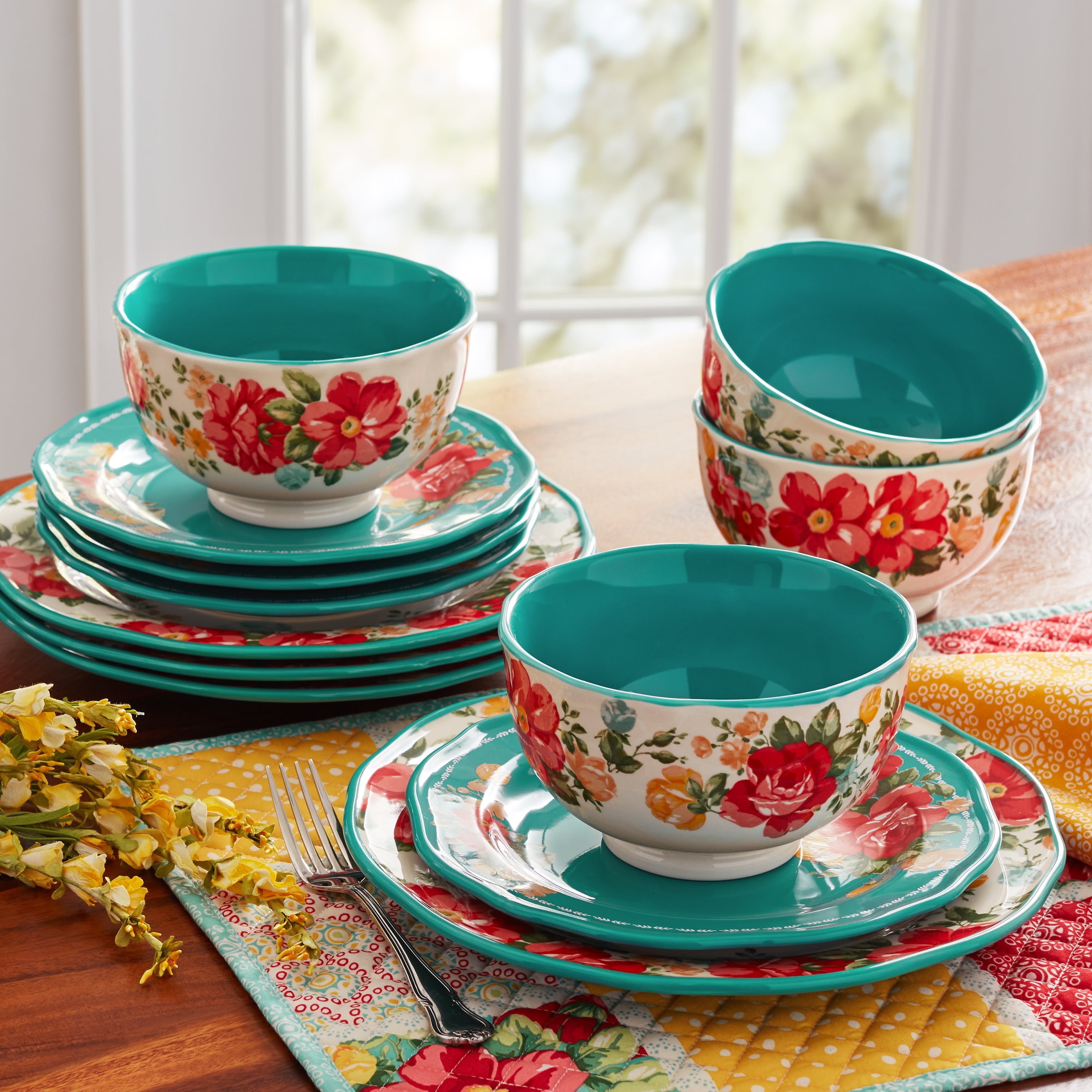 Pioneer Woman 12-Piece Dinnerware Set Lace Cowgirl Plates Bowls Stoneware Teal 