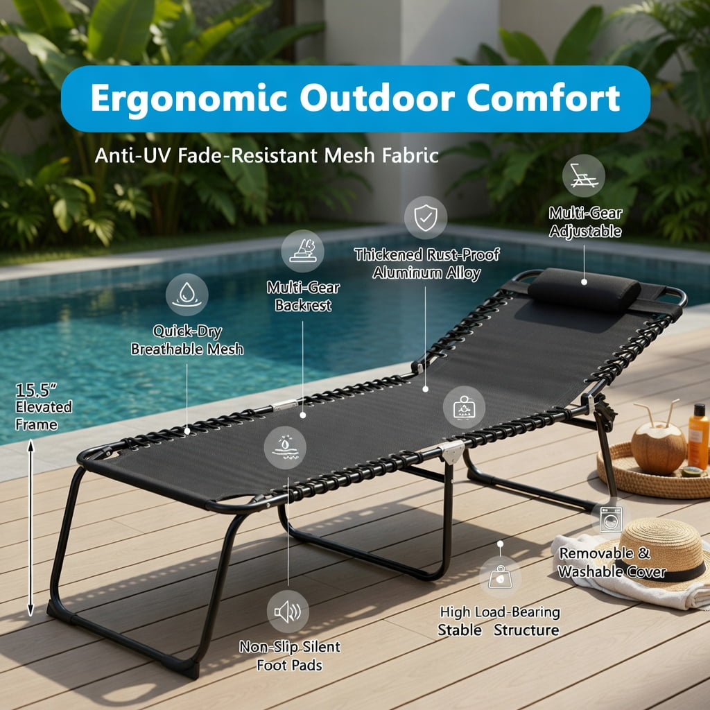 Hommoo Foldable Steel Beach Lounge Chair with Adjustable Backrest & Comfort Pillow, Heavy-Duty Outdoor Chaise for Patio, Lawn, Poolside, Black