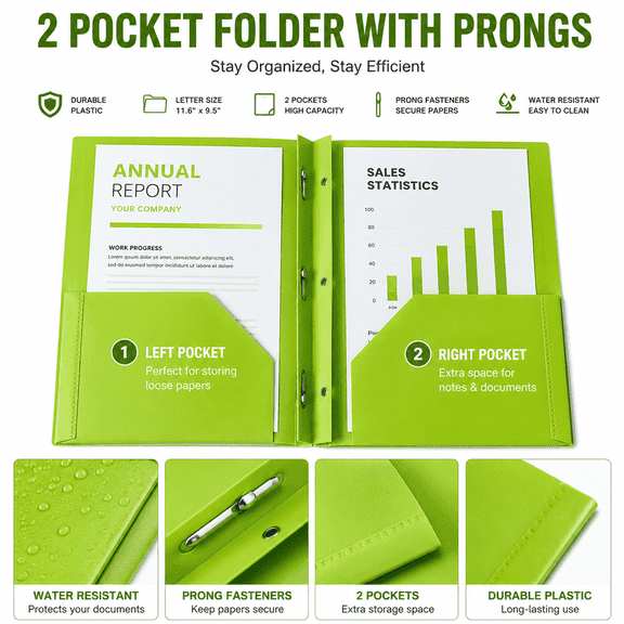 Green Plastic Folder with Pockets and Prongs, 2 Pocket Folder with Brads, Letter Size Poly Folder with 3 Prong Fasteners, Durable File Folder Organizer for School, Office, Homework & Document