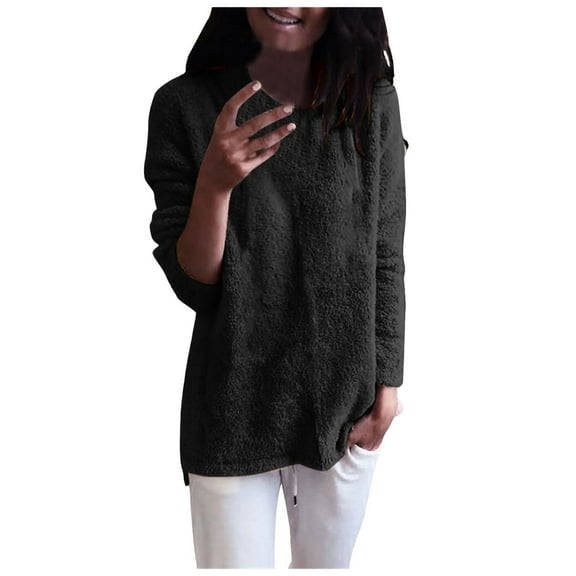 RMGVDSD Womens Sweaters Tunic Pullover Long Sweater Casual Fuzzy Sweatshirts Oversized Tops Long Sleeve Sweater Solid Color Fashion Winter Clothes Sweater /Black
