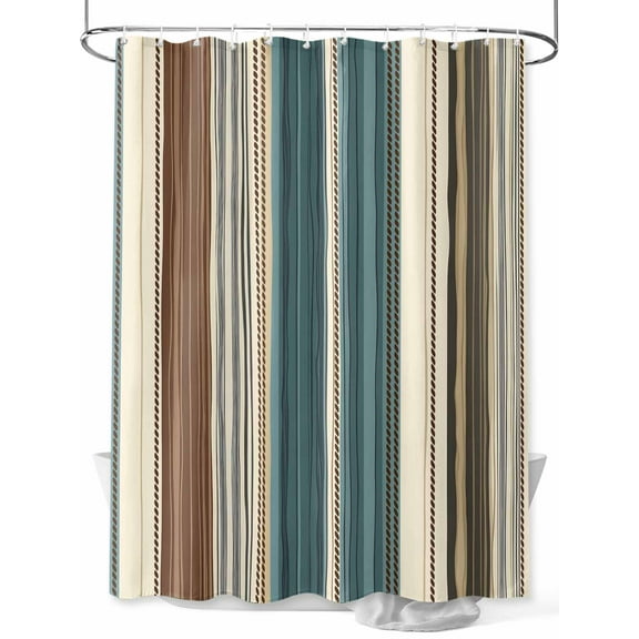 Boho Vintage Striped Shower Curtain, Teal Brown Beige Bathroom Decor Curtains Set with Hooks, Waterproof Fabric Home Accessories, Stall 36 X 72 Inch