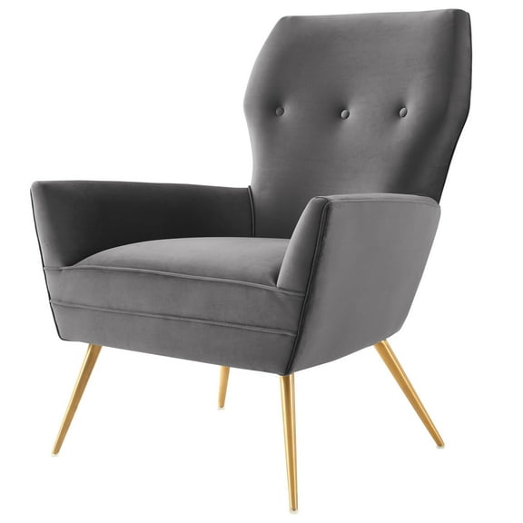 Armchair Accent Tufted Chair, Grey Gray, Velvet, Modern Contemporary, Mid Century Living Hotel Lounge Cafe Lobby