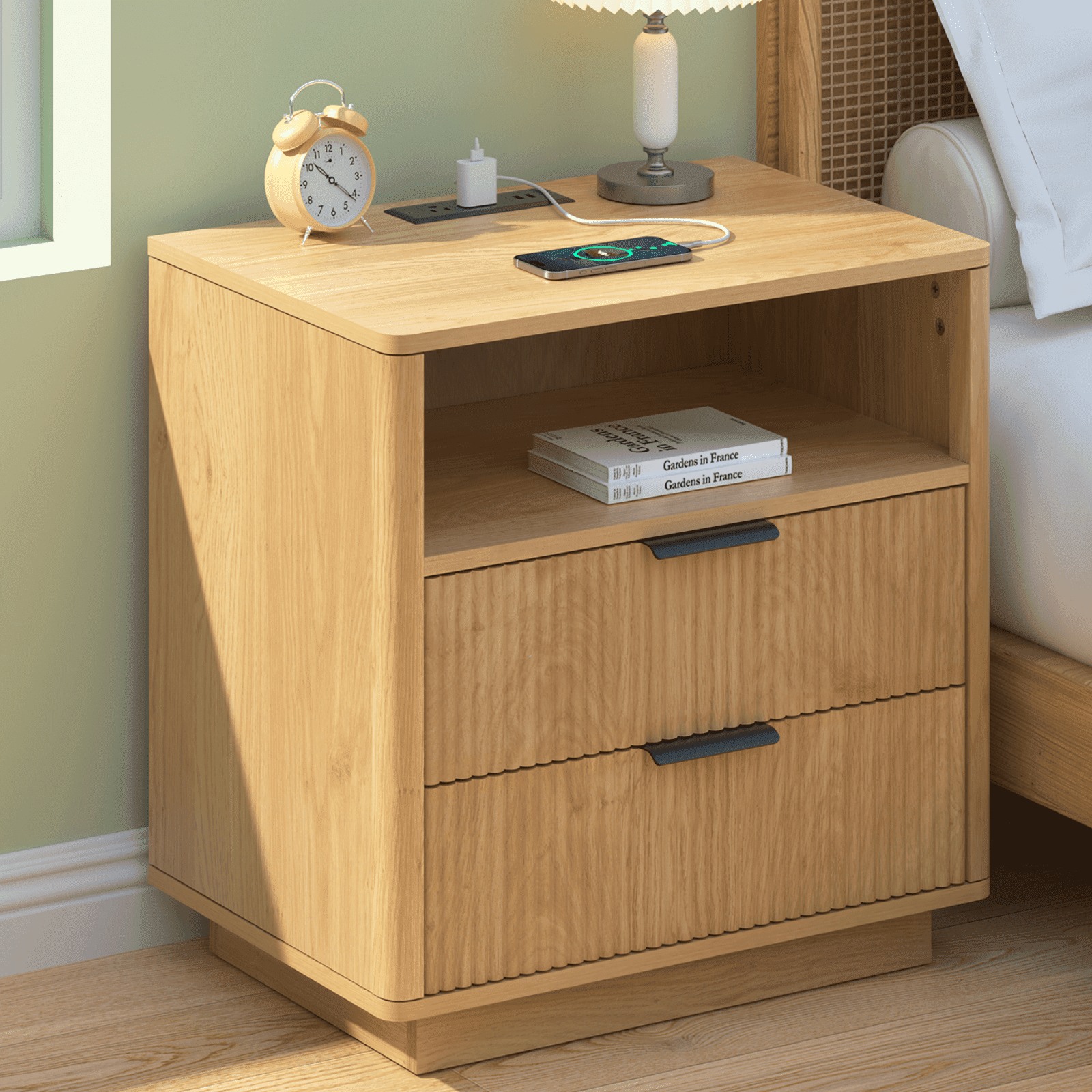 Hommpa Fluted Nightstand, 2 Drawers Bed Side Table with Charging Station, Modern End Side Table for Bedroom Furniture Living Room Sofa, Night Stand with Storage Drawers and Open Shelf
