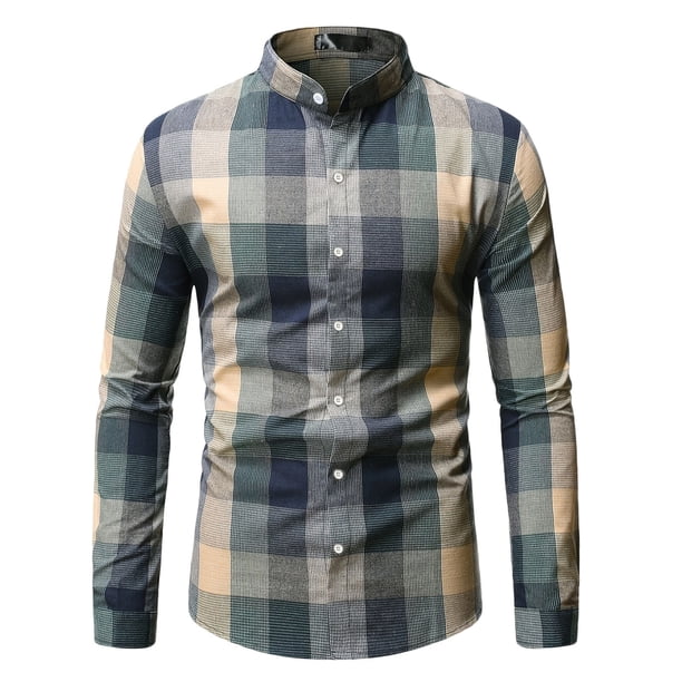 Blusa y camisa de manga larga con cuello alto para hombre, informal, de cuadros sólidos, con botones y cuello alto, blusa de manga larga para hombre