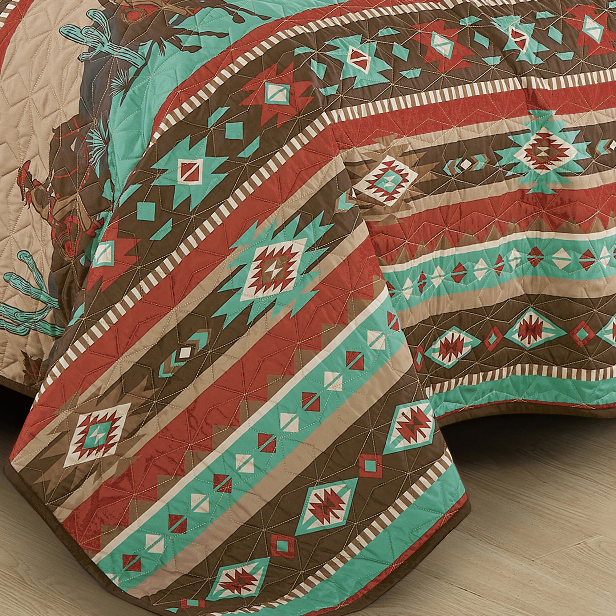 Brown, Teal & Red Cowboy Southwestern Pattern 3-Piece Reversible Bedspread Set,King