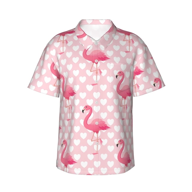 Fotbe Cute Flamingo with Heart Camisa Hawaiana para Hombre Unisex – Camisa Casual de Verano con Botones de Manga Corta de Algodón y Lino,Large