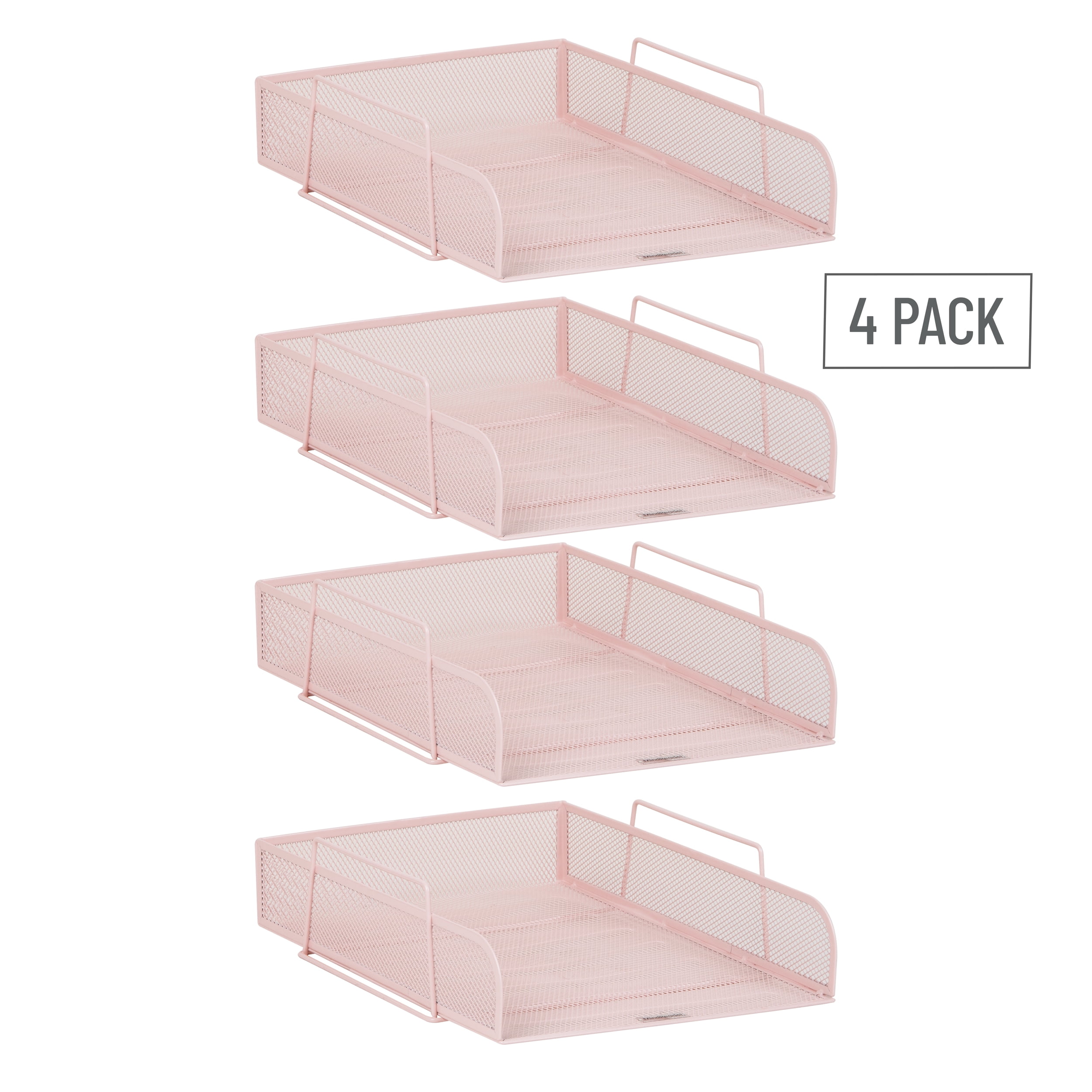 Mind Reader Stackable Paper Tray, Desktop Organizer, Metal 10.5"L x 13.5"W x 11.25"H, 4 Pieces., Pink
