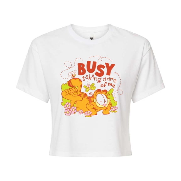 Garfield - Busy Taking Care Of Me - Juniors Cropped Graphic T-Shirt