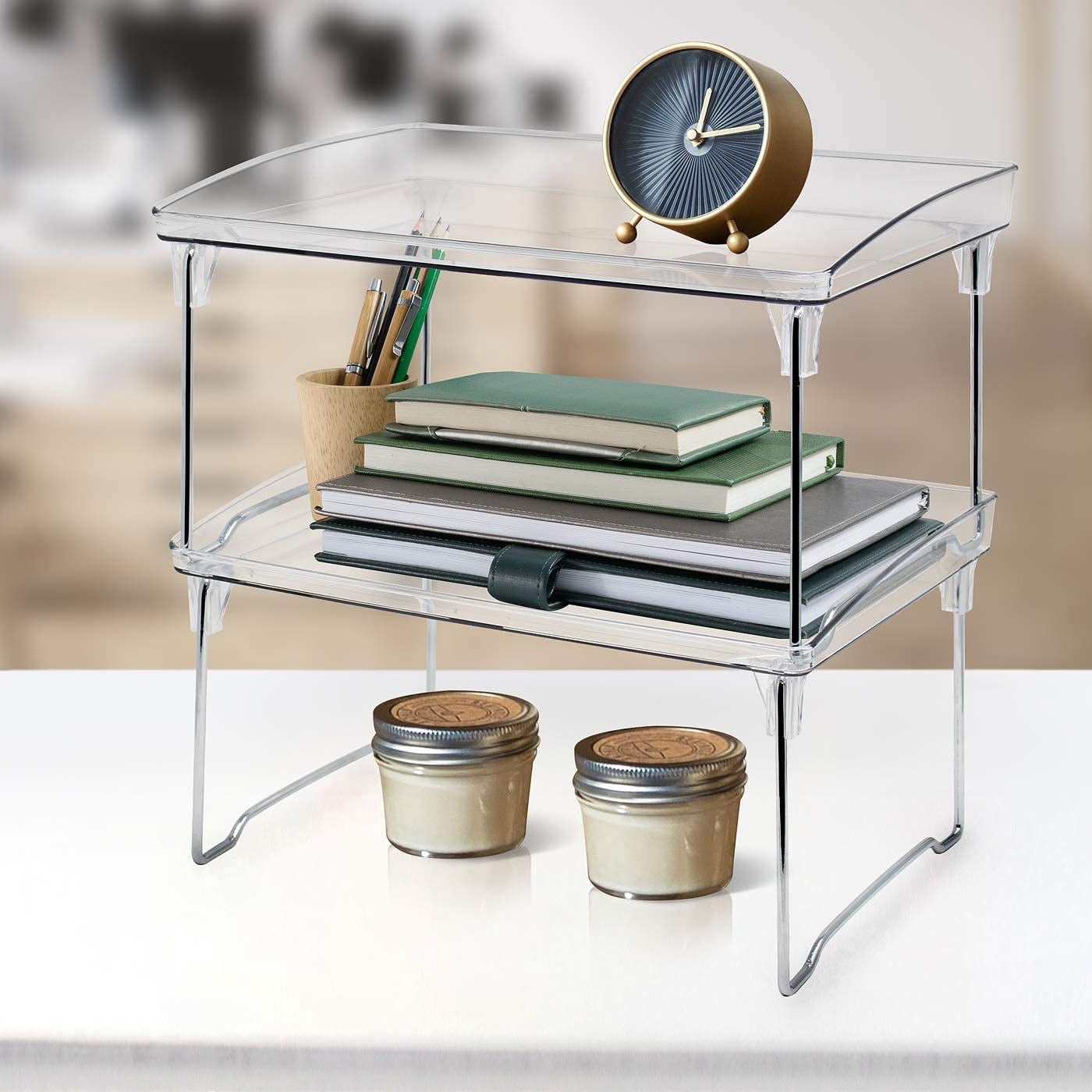 Sorbus Stackable Shelves for Cabinets & Countertop - Storage Shelf Organizer Stand Racks- Foldable Two Shelves, Clear Plastic/Metal
