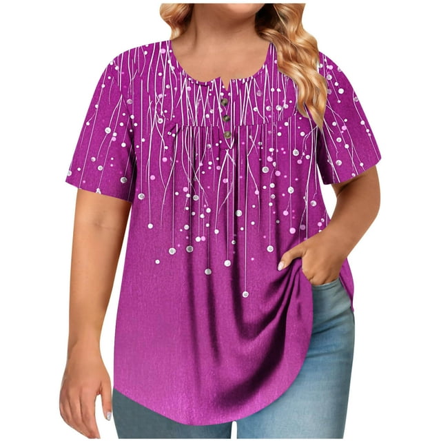 Cinvoph T-Shirts d'Été Grande Taille pour Femmes Col Rond Imprimé Manches Courtes Hauts Décontractés Blouses de Bureau Amples
