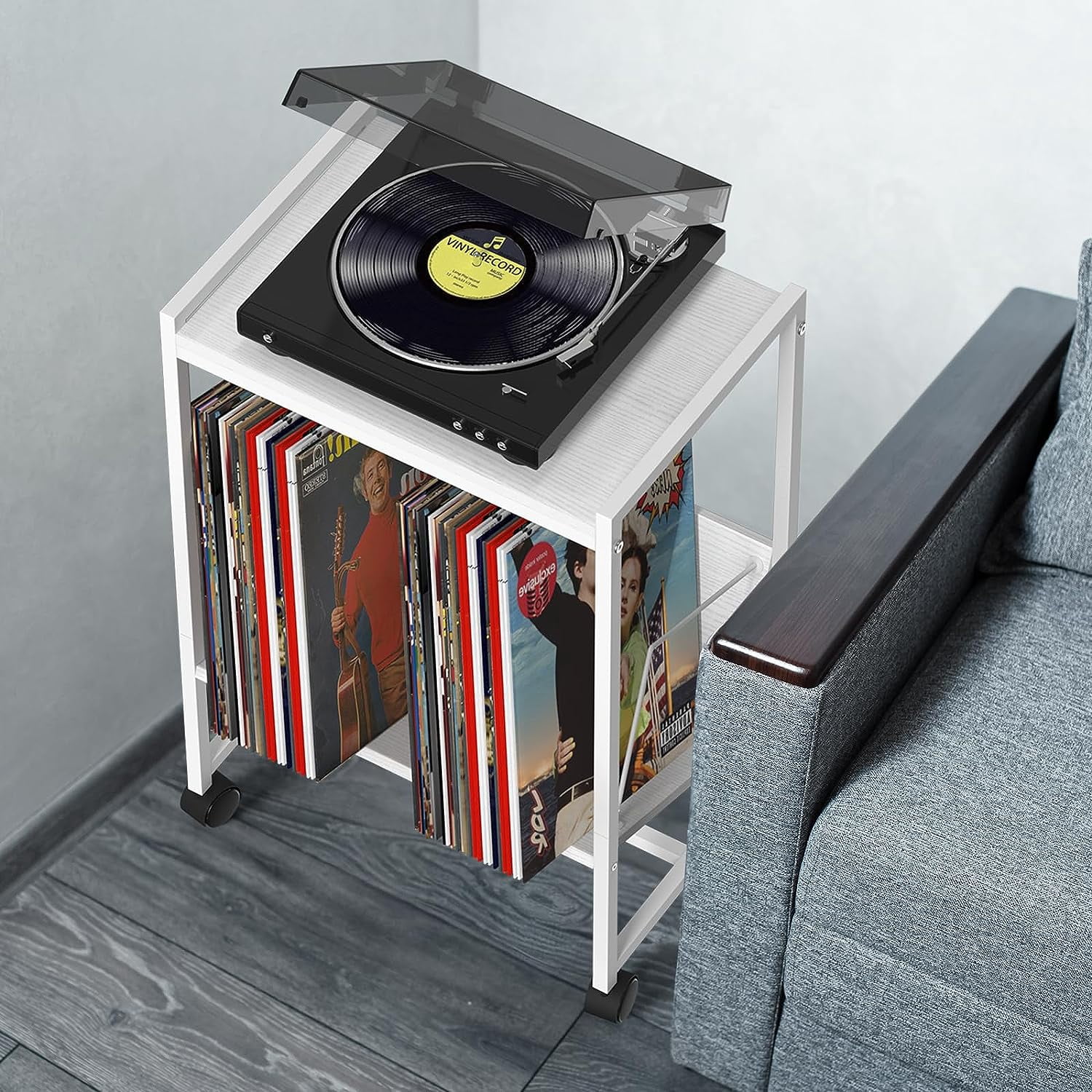 2-Tier End Table Record Player Stand with Wheels and Vinyl Storage Shelf, White
