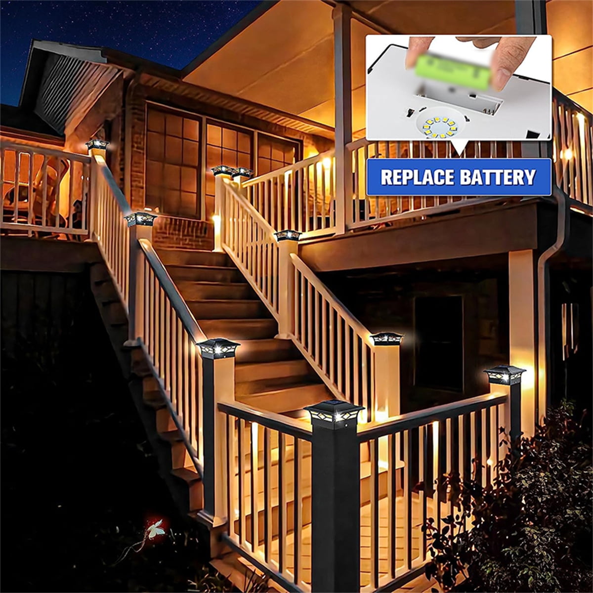 4 Pack Solar Post Cap Lights, 4''x4'' 6''x6'' Outdoor LED Fence Post Cap Lights, 2 Color Modes Solar Powered Deck Lights for Dock Waterproof, fit for Wooden/Vinyl Posts