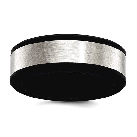 Stainless Steel Brushed Black Silicone Center 8mm Band Size 8 Ring for Women and Men - 3.8 Grams